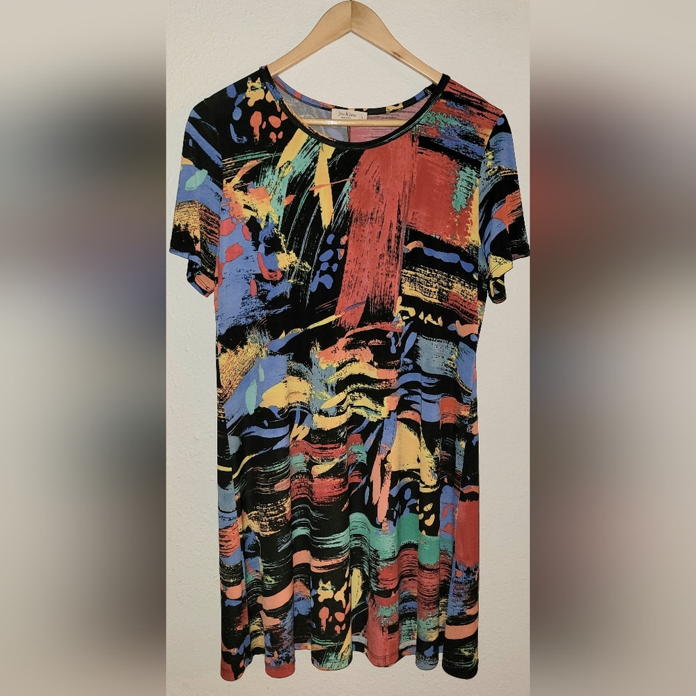 Jess & Jane Aspen Dress Large Wearable Art Stretch Swing Artsy Abstract Colorful - Picture 2 of 6